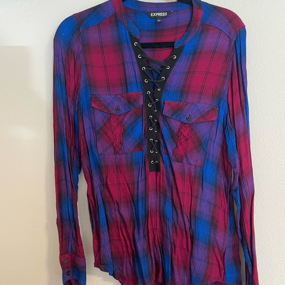 Express Plaid Lace-Up Top